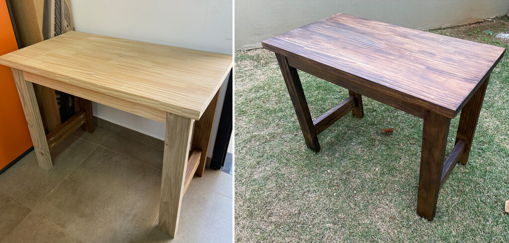 Antes e Depois da Mesa Home Office: a esquerda sem acabamento, só pinus e a direita com o acabamento Betume da Judéia aplicado