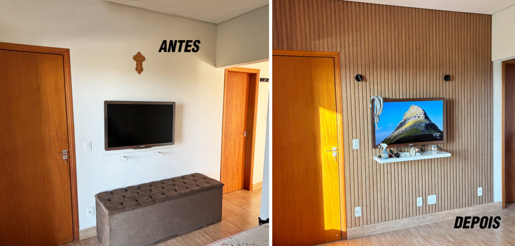 O antes, de uma parede simples, e o depois, da transformação com o Ripado Eucatex