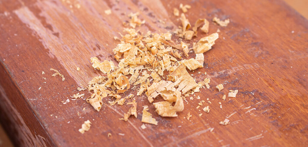 Detalhe do pó da madeira utilizando um raspador para raspar a madeira. Nesse caso, é Stain