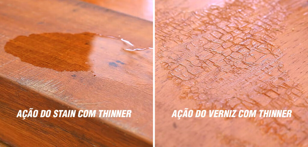 Repare como o Thinner age de forma diferente nas duas madeiras, Stain e Verniz